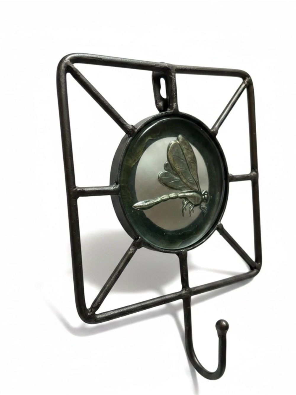 Rustic Dragonfly Print Under Glass Cast Iron Wall Hook Accent Foyer Garden Bath